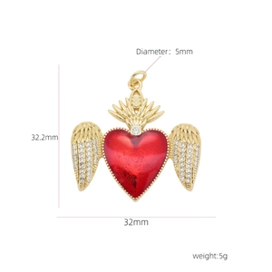18k gold plated copper heart wings pendant with red enamel and zircon stones