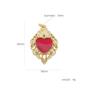 18k gold plated copper heart pendant with red stone and cubic zirconia 26x18mm