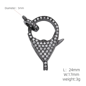 Detailed view of gun black lobster clasp with white cubic zirconia and 24mm dimension