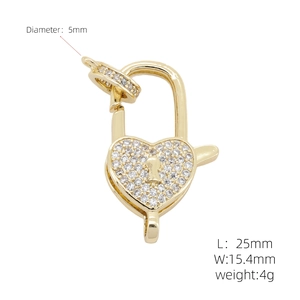18k gold-plated heart lock pendant with white zircon and spring clasp 25x15.4mm