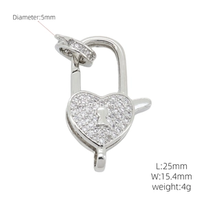 Macro detail of heart padlock clasp with micro-pave cubic zirconia and dimensions