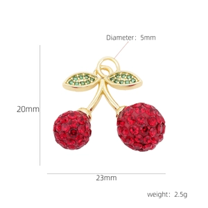 Detailed view of red rhinestone cherry pendant with green leaves and size measurements