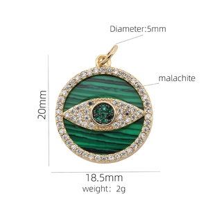 Detailed view of 18K gold malachite evil eye pendant with crystal inlay and dimensions