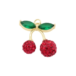 Sparkling red cherry rhinestone keychain pendant with green crystal leaves and gold base