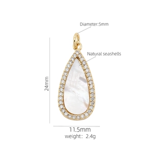 Detailed specs of 18K gold plated teardrop pendant with mother of pearl and zircons