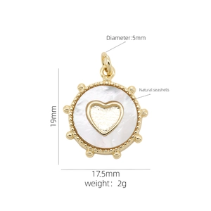 Detailed view of a 18K gold heart pendant with natural seashell and 19mm size dimensions
