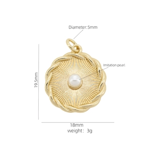 18K gold plated round sunburst pendant with white pearl inlay for DIY jewelry making