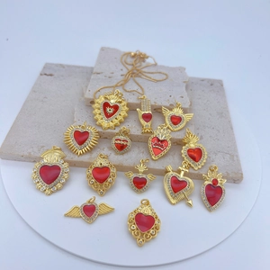 Vintage Gothic Copper Heart Wings Angel Pendant With Red Enamel Zircon For Women DIY Necklace Jewelry Gift Pendant Only