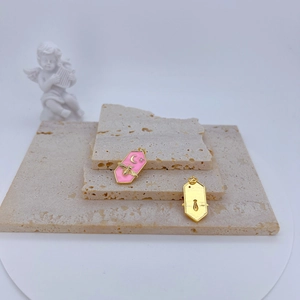 Pink enamel hexagon bee pendant with gold crescent moon and crystal for jewelry making