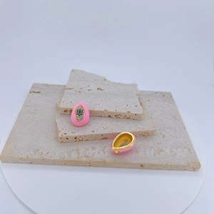 Pink enamel evil eye egg pendant charms with gold plating and cubic zirconia on stone base