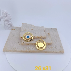 Gold-plated Evil Eye pendant with colorful zircon stones and sunray back, size 26x31mm