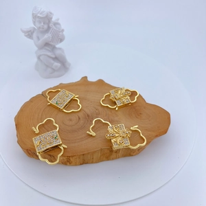Gold plated copper square lock clasps with micro-pave zircon love and floral motifs