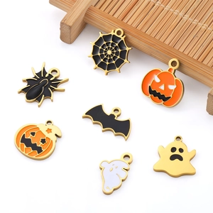 Pendentifs d'Halloween en Acier Inoxydable Plaqués Or Émaillés Citrouille Araignée Chauve-souris Fantôme Accessoires de Bijoux DIY