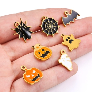 Lot de breloques Halloween en émail avec citrouille, araignée et chauve-souris pour bijoux