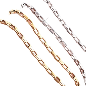 Polished stainless steel rectangular link chains in rose gold, gold, and silver finishes