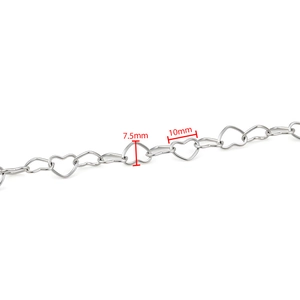Polished stainless steel heart chain link necklace with 7.5mm by 10mm sizing details