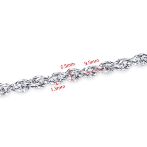Technical macro view of 6.5mm stainless steel twisted rope chain with detailed measurements