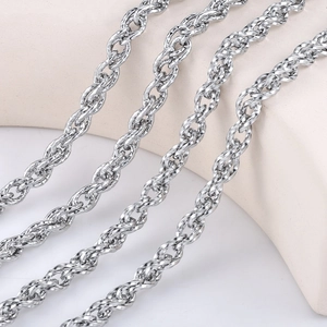 Polished stainless steel twisted rope chain necklaces in silver finish for men and women