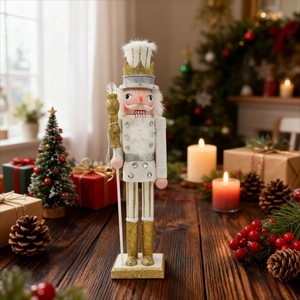 Soldat casse-noisette en bois de 40cm blanc et doré pour décoration de Noël