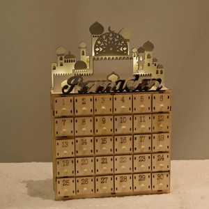 Close-up of wooden Ramadan advent calendar with LED lights and 30 numbered drawers