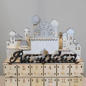 Detail view of wooden Ramadan advent calendar with mosque silhouette and drawers