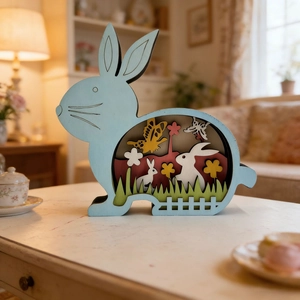 Easter layered wooden bunny sculpture with rabbit scene for spring tabletop decor