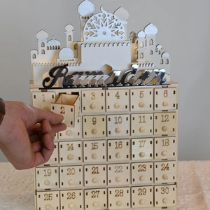 Wooden Ramadan advent calendar cabinet with 30 drawers and LED light castle decor