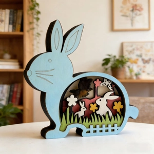 Detailed layered hollow wooden Easter bunny figurine with vibrant floral nature scenes