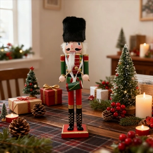 Gros plan détaillé d'un casse-noisette soldat en bois de 40cm avec tambour et décor de Noël