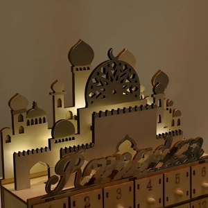 Detail of laser-cut wooden Ramadan calendar with LED lights and numbering drawers