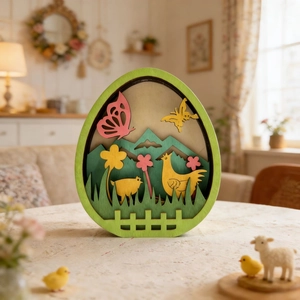 Easter layered 3D wooden egg craft with rabbit and chicken motifs for spring home decor