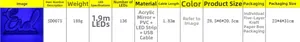 Technical specs for Eid LED tunnel lamp showing acrylic materials and USB power details