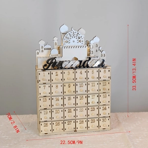 Macro detail of wooden Ramadan advent calendar featuring 30 numbered drawers and mosque silhouette