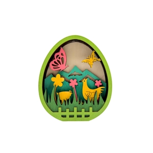 Easter layered wooden egg decoration featuring laser-cut chickens, butterflies and flowers