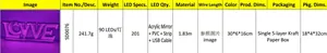 Detailed specs of the LOVE LED tunnel mirror light with dimensions and weight info