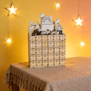 Wooden Ramadan advent calendar with 30 drawers and mosque silhouette for home decor