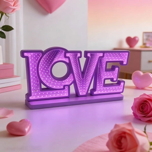 Detail of LOVE LED infinity tunnel light mirror with purple neon glow for Valentine's day
