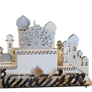 Wooden Ramadan castle calendar with warm LED lights and silver glitter dome ornament