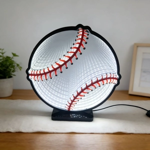 Detail of creative LED baseball infinity mirror lamp with glowing red stitching and base