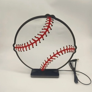 Baseball shaped LED atmosphere light with iconic red stitching and stable black base stand