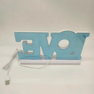 Detail of LOVE LED tunnel light with blue mirror effect and USB power cable