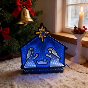 Detail of Nativity scene infinity mirror light with LED 3D effect on white faux fur base