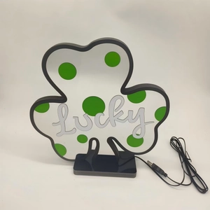 Clover shamrock night light with Lucky script, white translucent finish and USB cable