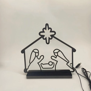 Minimalist Nativity Scene LED neon light with black metal frame and USB power base