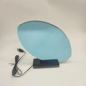 Modern leaf shape LED desk lamp with blue acrylic panel and black USB base stand