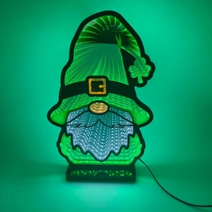 Detail of St. Patrick's Day Gnome LED infinity mirror lamp with glowing green depth effects