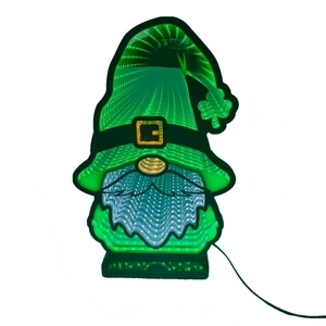 Macro detail of St. Patrick's Day LED gnome lamp with infinity mirror effect and clover
