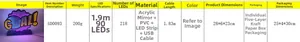 Detailed technical specification table for GOAL LED neon light with USB cable details