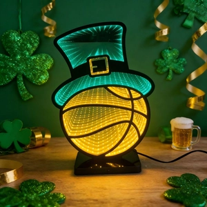 St Patricks Day LED Infinity Mirror Night Light Basketball With Green Leprechaun Hat Design USB Powered Room Decor Lamp
