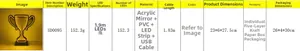 Detailed specs table for LED trophy infinity mirror lamp with 1.83m USB cable data